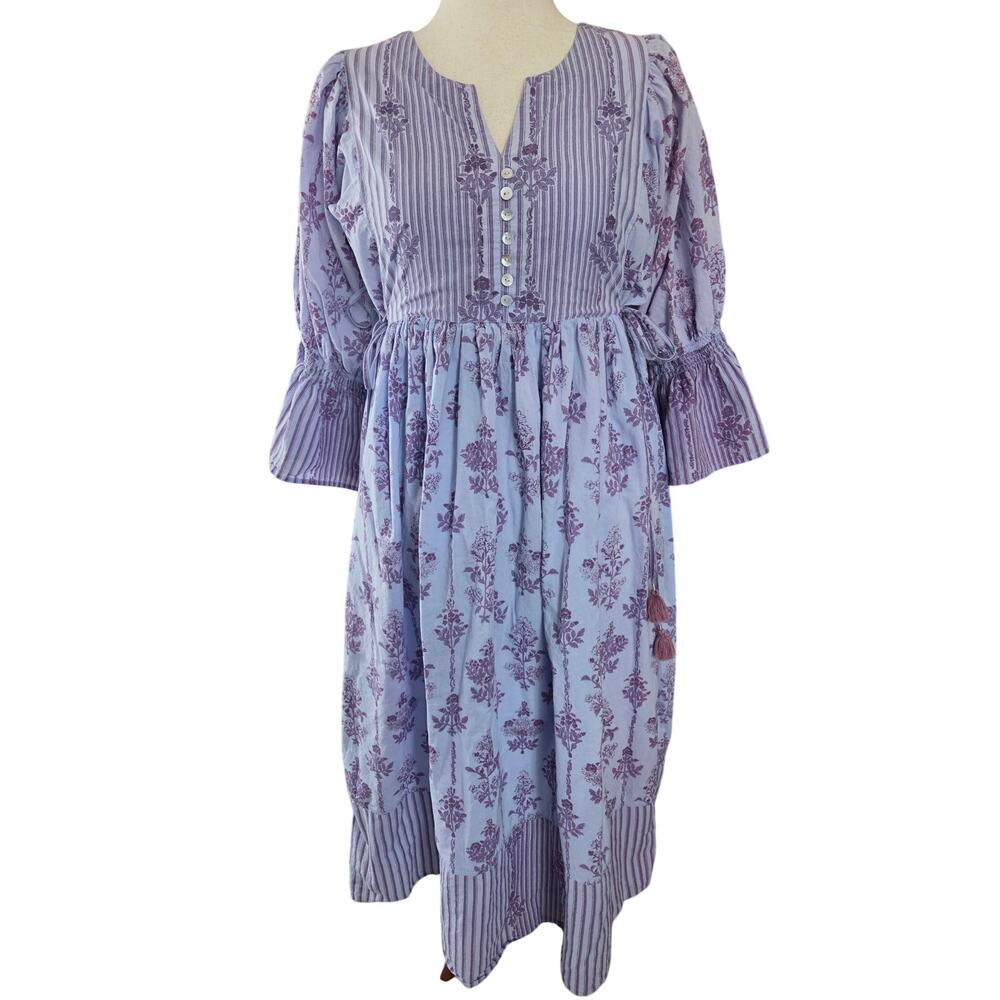 Boho Cottagocore Peasant Purple Maxi Dress Floral Bell Sleeves Whimsy Stripes